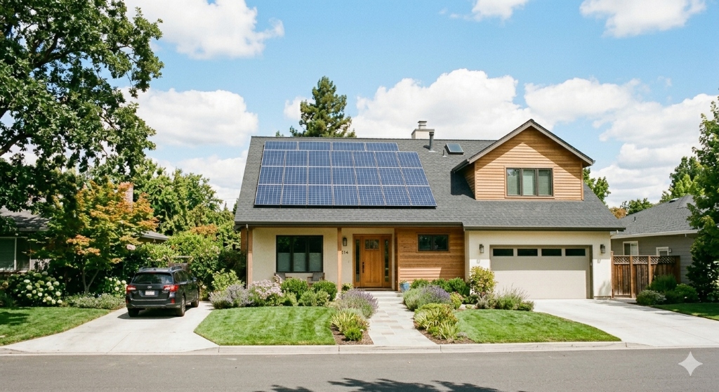 Home with solar panels in daylight