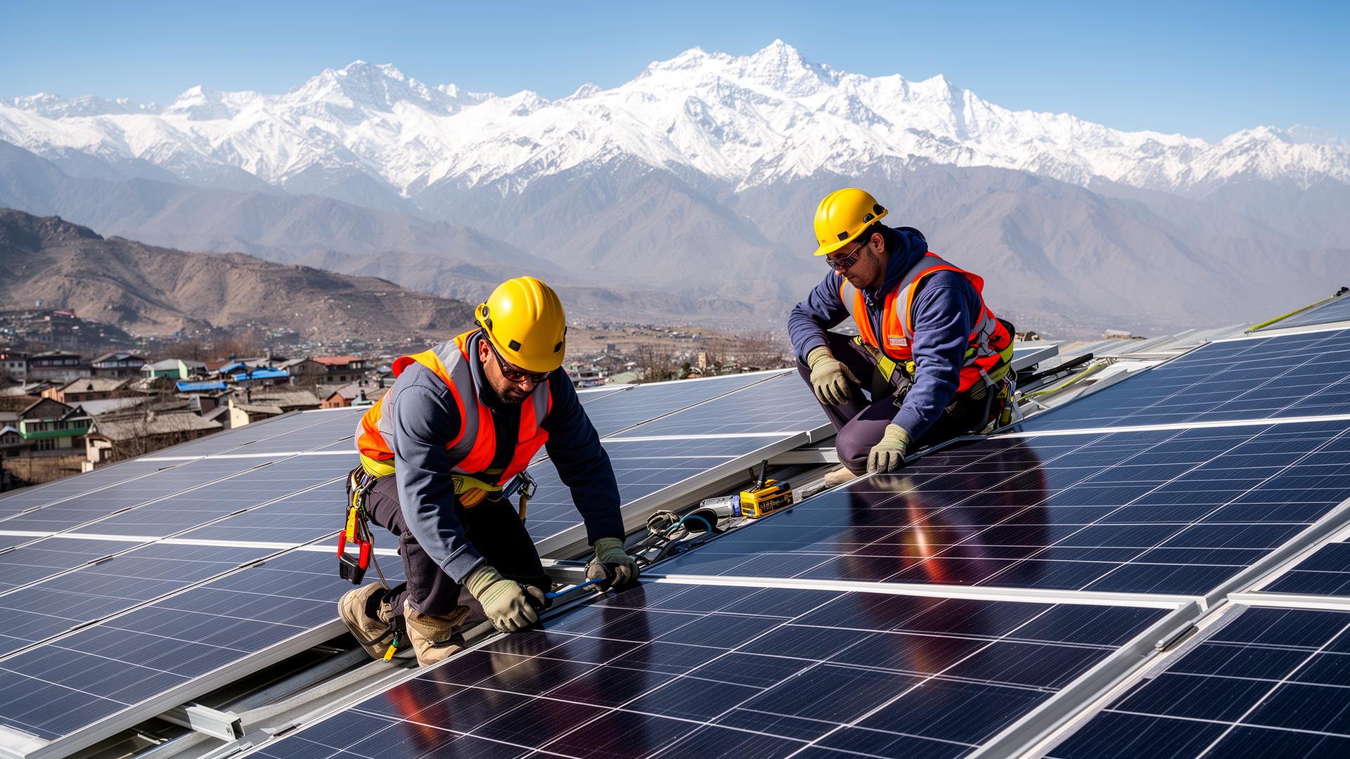 Installation team working on solar panels in Kashmir